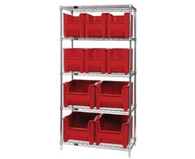 CHROME WIRE SHELVING UNITS WITH GIANT HOPPER BINS