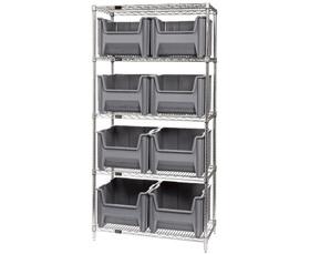 CHROME WIRE SHELVING UNITS WITH GIANT HOPPER BINS